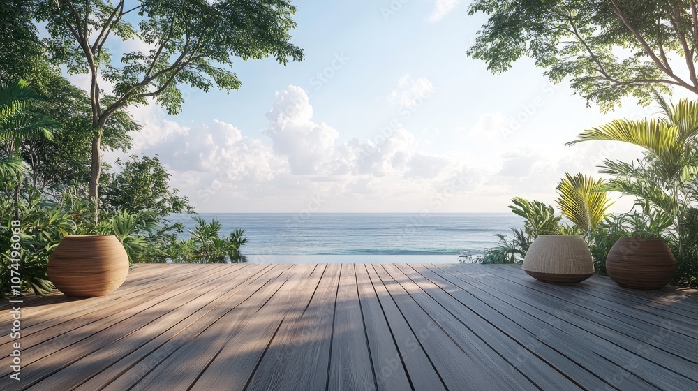 Poster 3d rendering of a wooden deck with an ocean view
