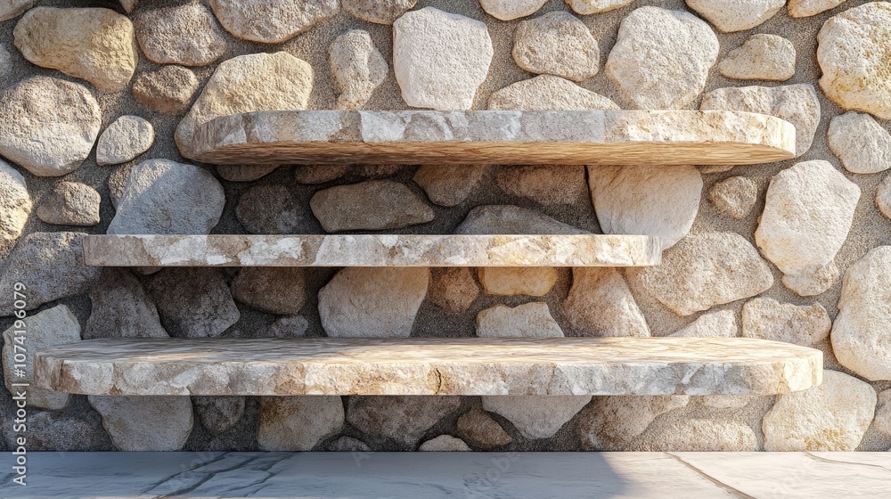 Poster 3d rendering of empty natural stone shelves against a stone wall background for product display