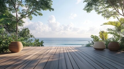 Obraz premium 3D rendering of a wooden deck with an ocean view