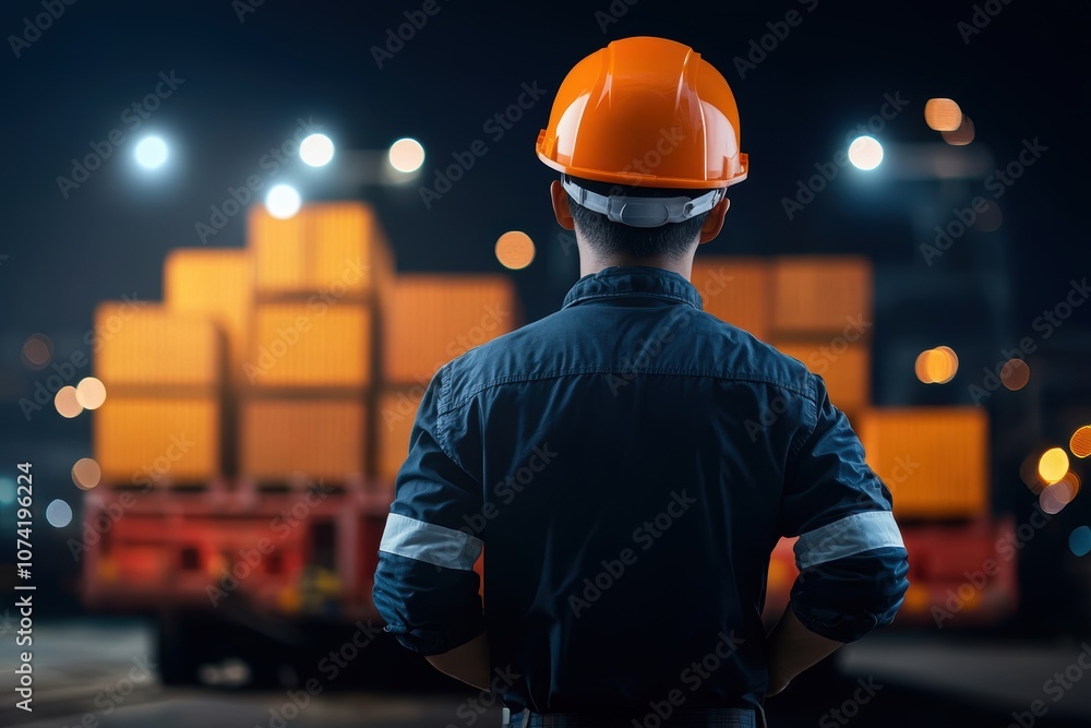 Poster a worker in an orange hard hat observes stacked cargo containers at a loading area during nighttime.