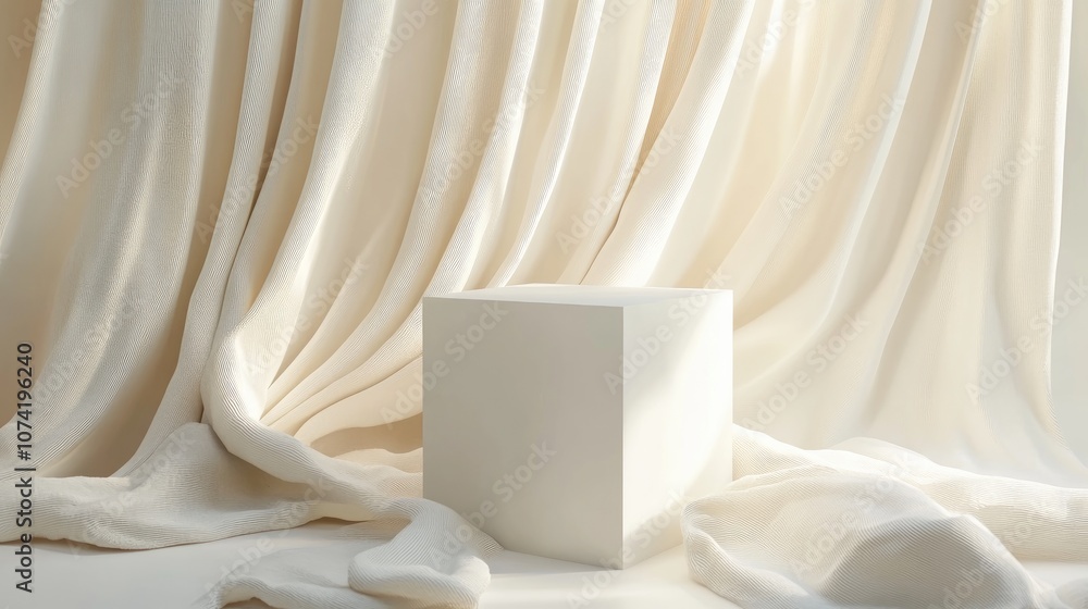 Poster 3d rendering of a geometrical cube background with elegant drapery elements