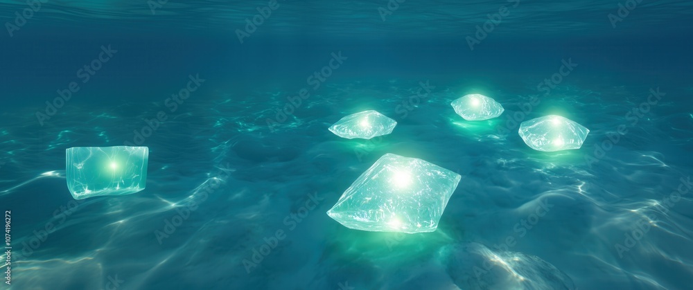 Poster glowing transparent gems submerged in calm blue waters during daylight, creating a mesmerizing under
