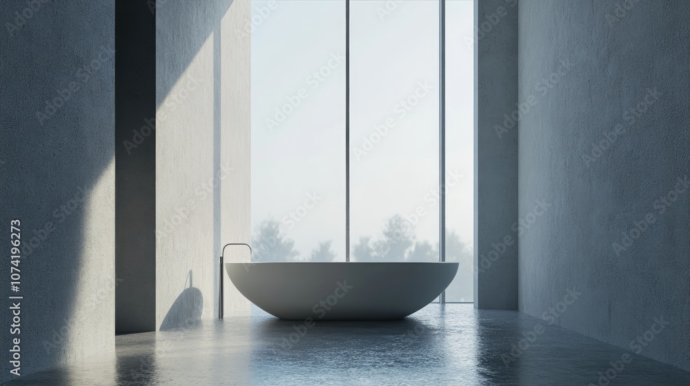 Poster unfinished minimalist bathroom project featuring a large panoramic window abstract interior design 3