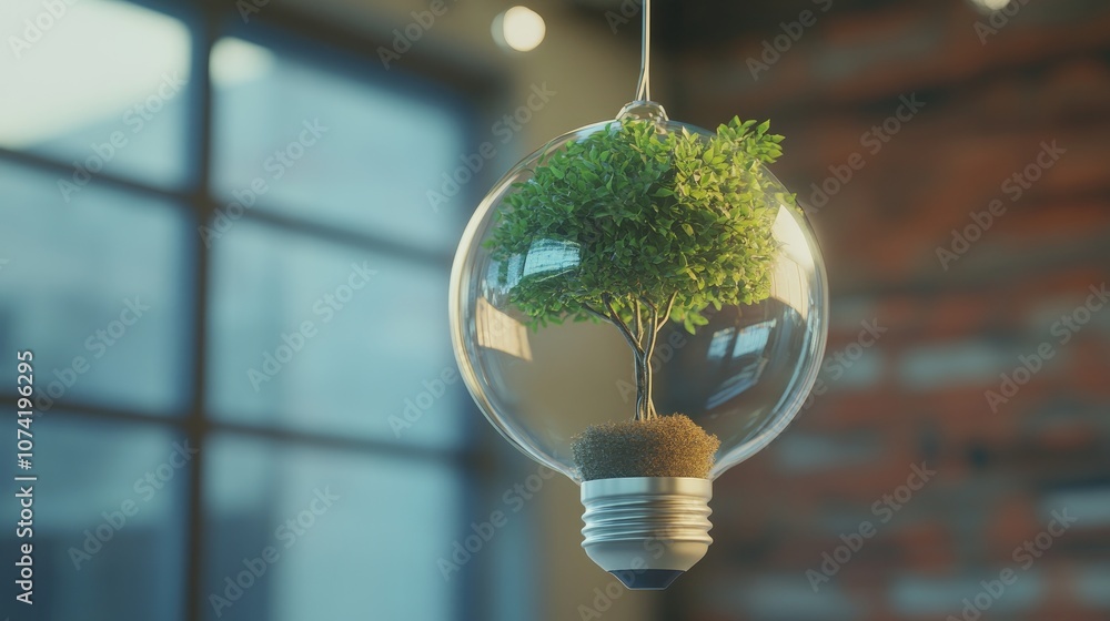 Poster 3d rendering of a small tree inside a light bulb suspended on a wire stand showcasing a creative diy