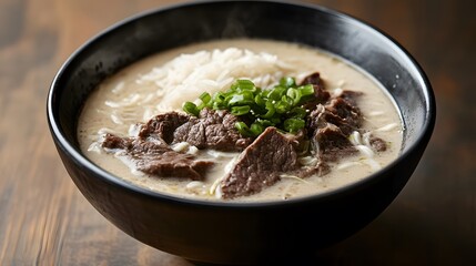 A bowl of seolleongtang, milky beef bone soup with slices of beef, rice, and green onions.


