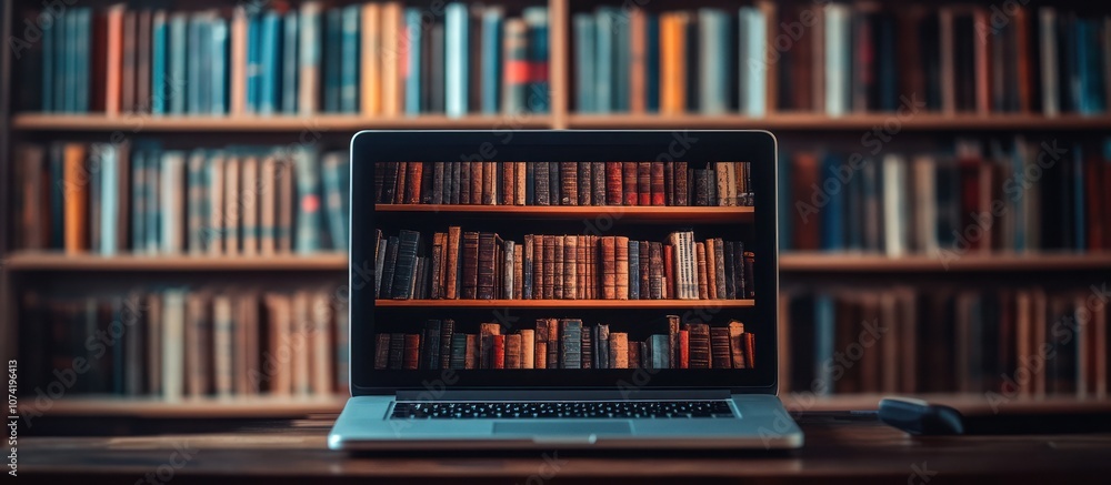 Poster a laptop computer displays an image of a bookshelf with books, in front of a blurred bookshelf fille