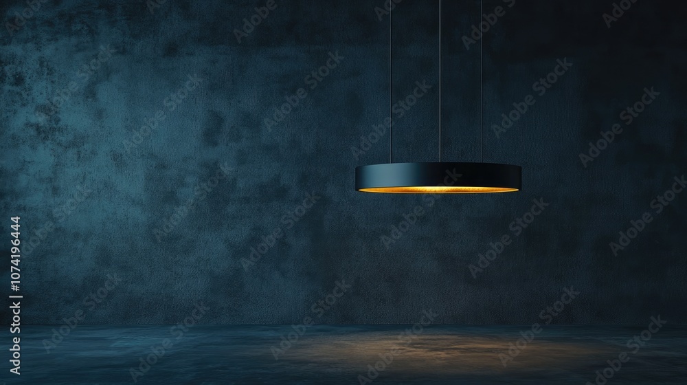 Poster 3d rendering of a modern lamp suspended from the ceiling with ample copy space in a dark tone