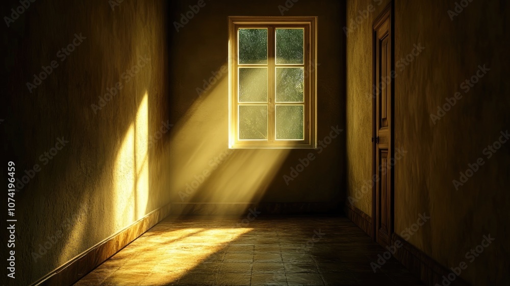 Poster 3d rendering of light streaming through a window in a dark corridor hallway