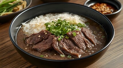 Fototapeta premium A bowl of seolleongtang, milky beef bone soup with slices of beef, rice, and green onions.