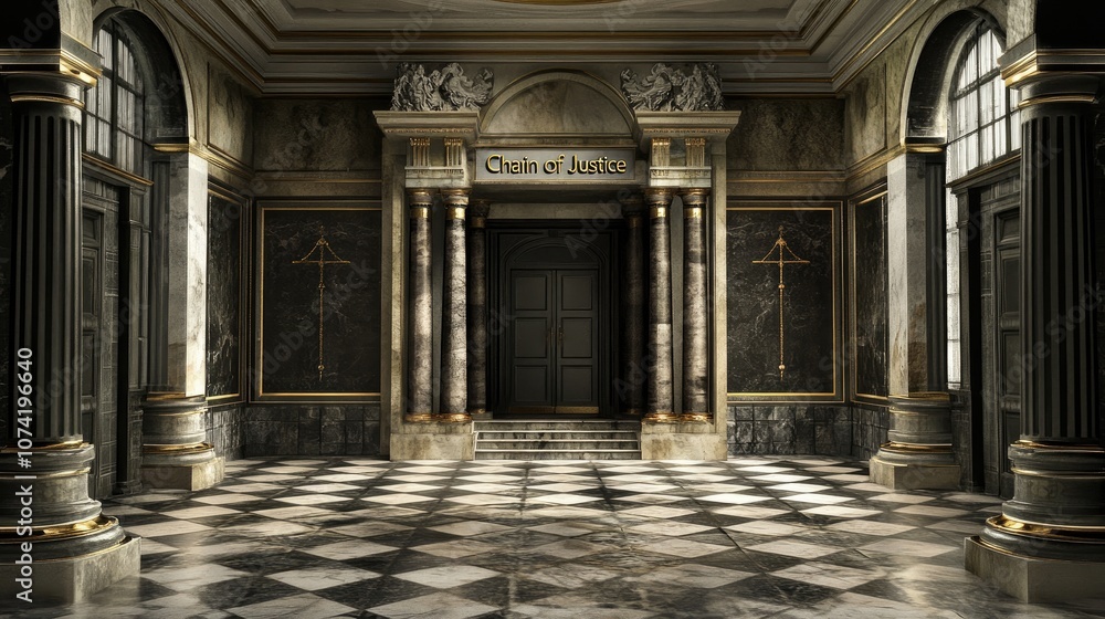 Poster 3d rendering of an inner courtyard featuring the chain of justice within a historical palace