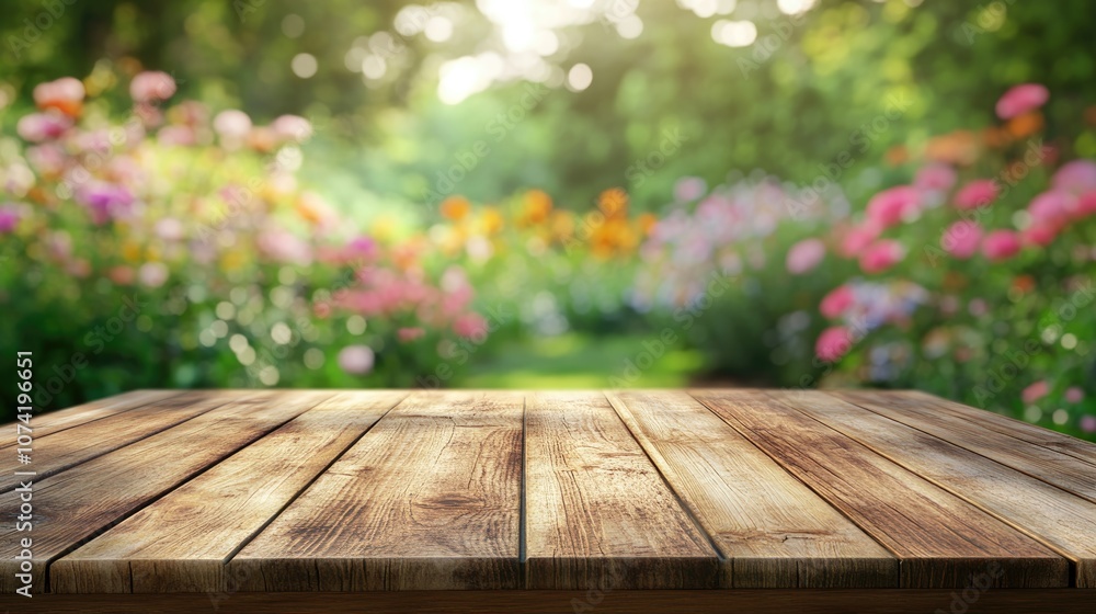 Poster 3d rendering of an empty wooden brown table with a blurred garden bokeh background ideal for product