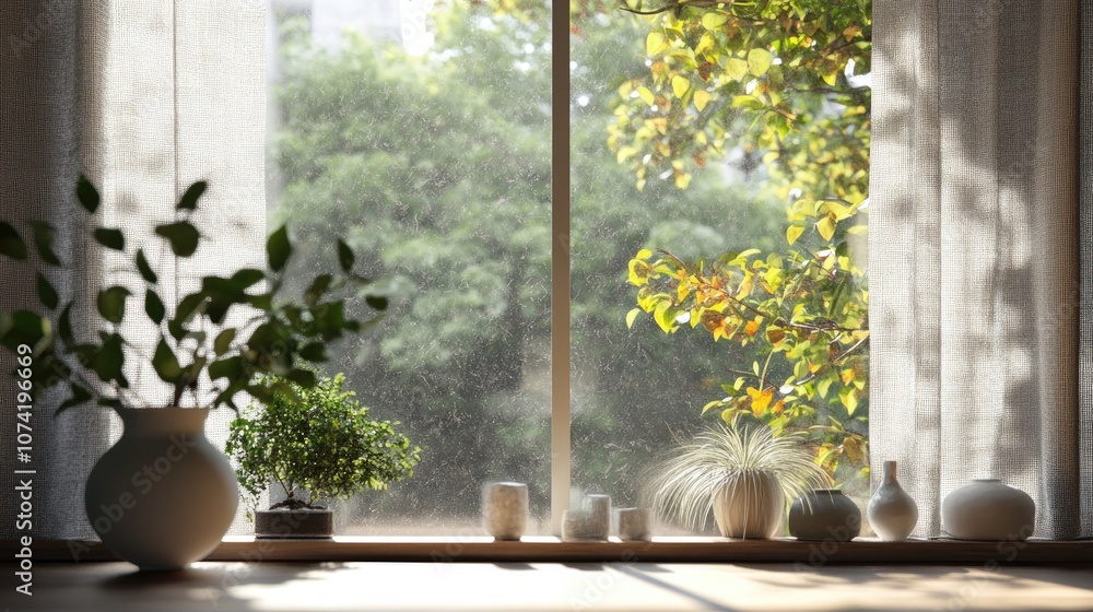 Poster 3d rendering of an interior view through a window showcasing various objects outside