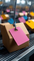 Industrial scene featuring colorful tags on packaged boxes moving along a conveyor belt, highlighting logistics and shipping processes in action.
