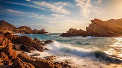 A serene coastal landscape with waves crashing against rocky formations under a colorful sky.