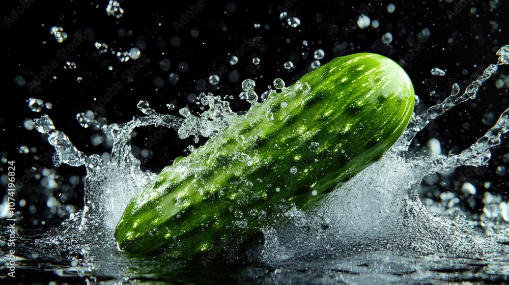 Poster 3d rendering of a bright green cucumber splashing water against a black background