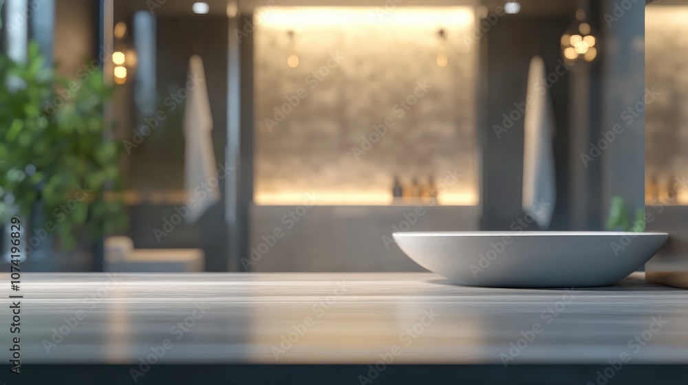 Poster 3d rendering of a table top with blurred bathroom background