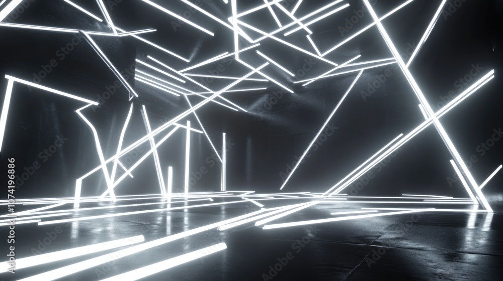Poster 3d rendering of abstract illuminated neon lights in a dance space featuring numerous white lines aga