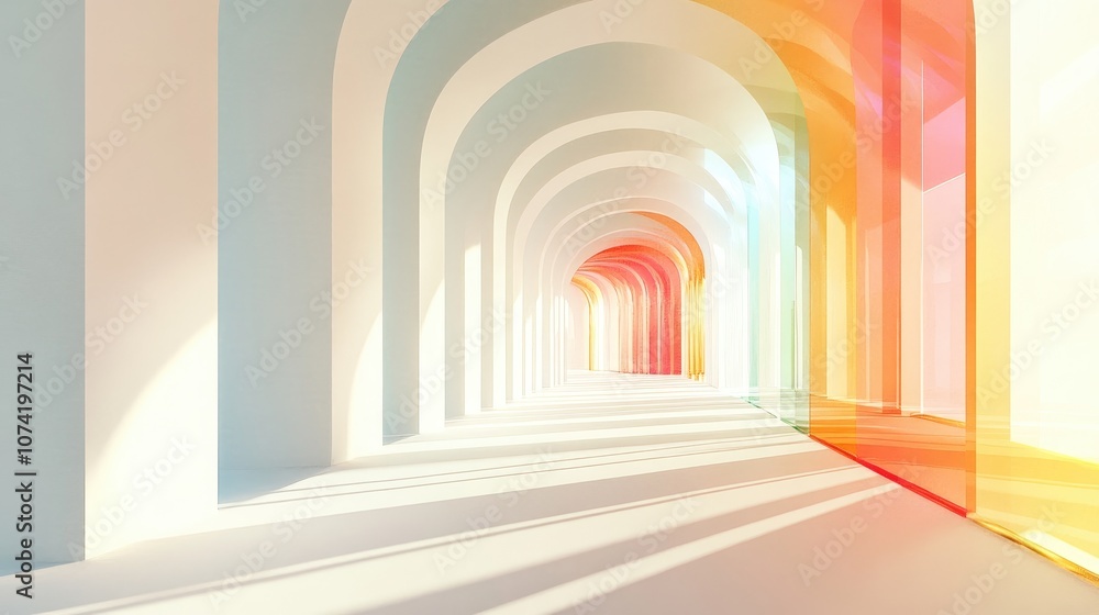 Poster 3d rendering of an abstract interior featuring white and colored gradient glass elements with window