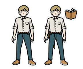 ナイフと本を持った白シャツの青年（白人版）