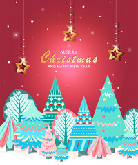 Merry Christmas and Happy New Year greeting card template set with Christmas trees and Christmas star on starry night background. Modern Trendy Christmas Card. Perfect for festive decoration.