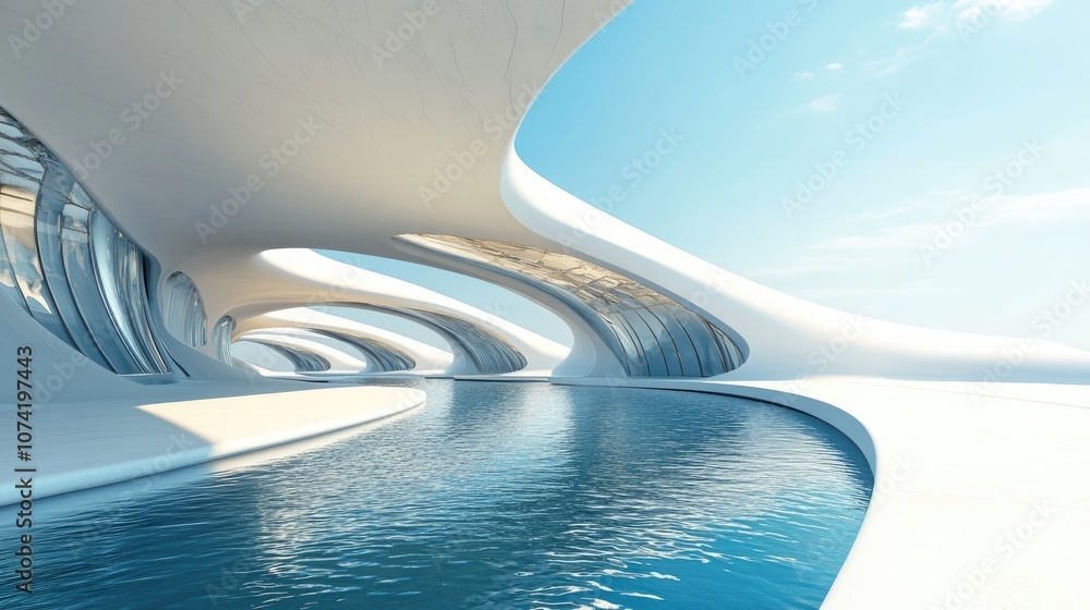 Aufkleber abstract architectural background featuring white smooth lines and water enhanced by 3d rendering