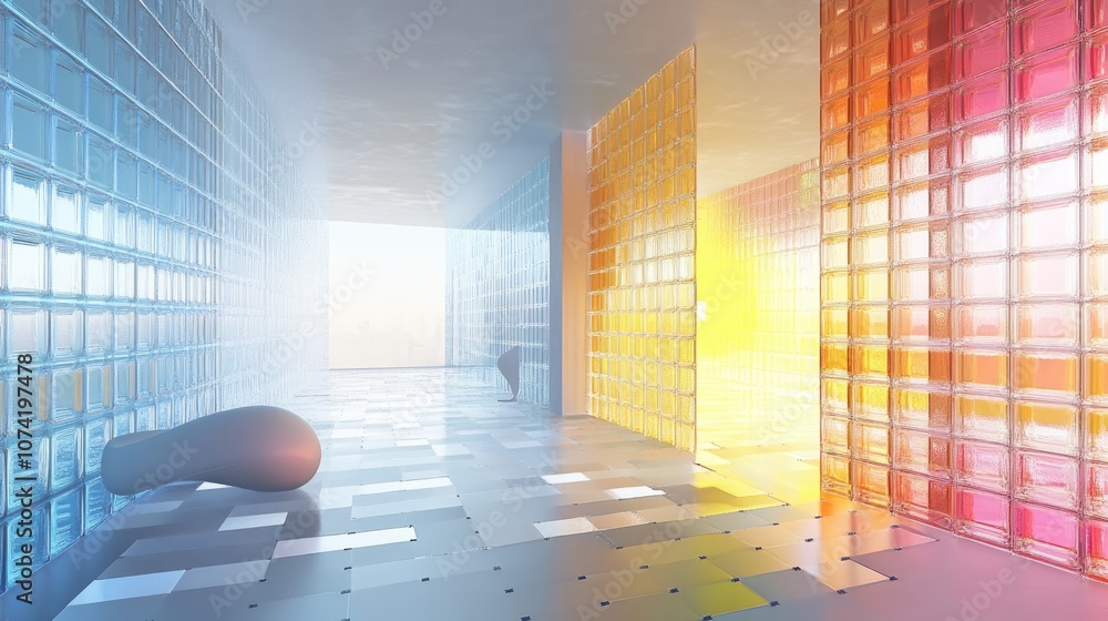 Poster 3d rendering of an abstract interior featuring white and colored gradient glass elements with a wind