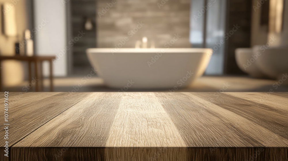Poster 3d rendering of a table top with blurred bathroom background