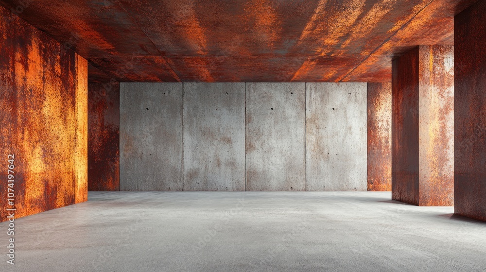 Poster empty smooth abstract interior featuring rusted metal sheets and concrete architectural background i