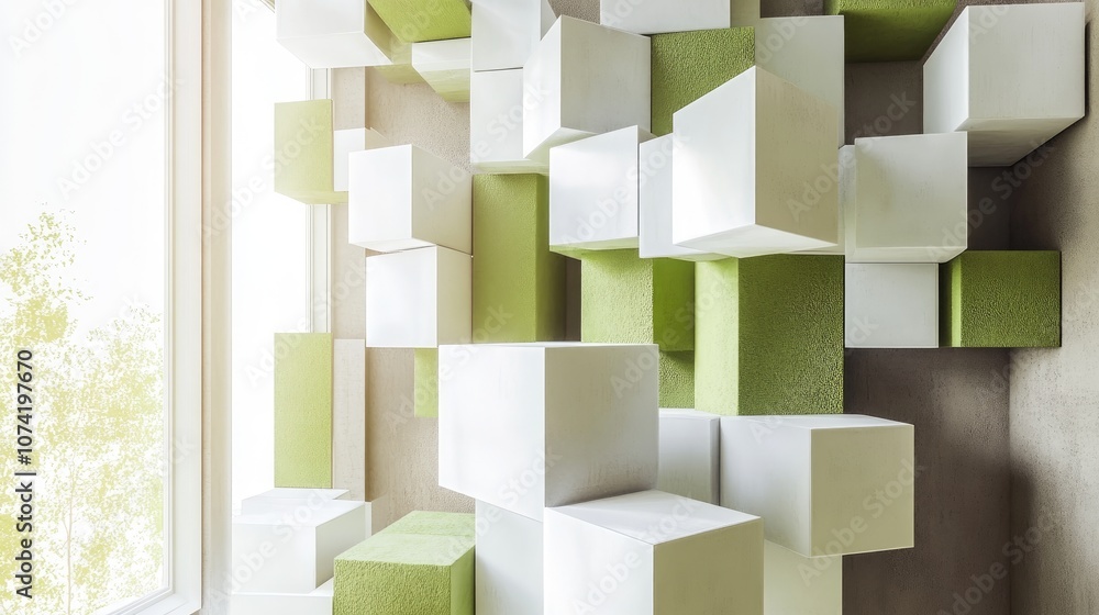 Poster abstract brown interior featuring an array of white and green cubes with a window 3d rendering and i