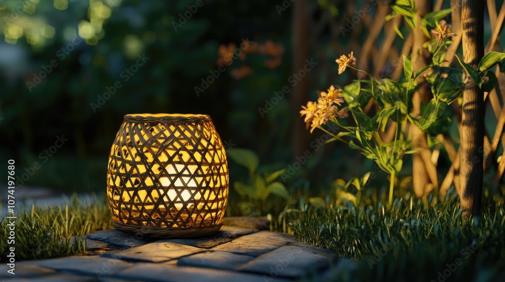 Aufkleber 3d rendering of a decorative basket lamp in a garden setting close up view
