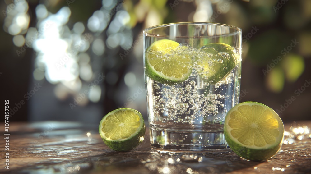 Poster 3d rendering of a glass of cold sparkling water with fresh limes on a rustic surface