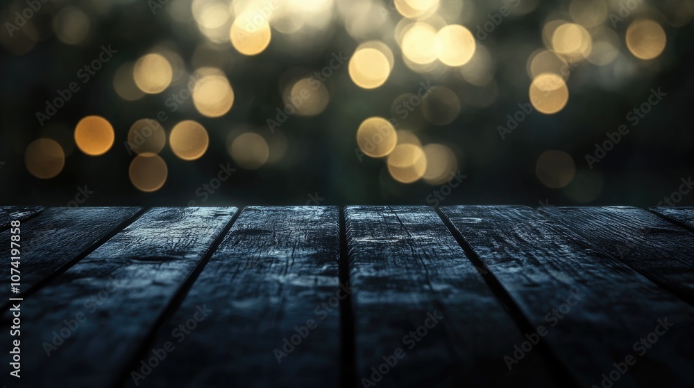 Poster 3d rendering of an empty dark wooden table with an abstract blurred bokeh background ideal for showc