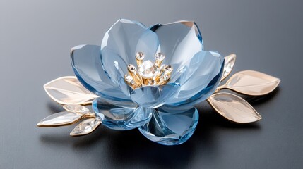 Elegant blue crystal flower brooch with gold accents resting on a dark surface