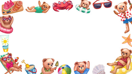 Hand-drawn Frame Bears Enjoying Summer Activities on the Beach