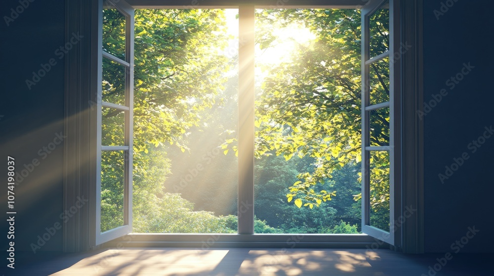 Poster 3d rendering of sunlight streaming through a window in the morning