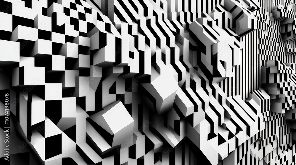 Poster abstract monochrome geometric structure with intricate patterns and varying shapes creating a dynami