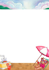 Hand-drawn Frame Cute Bear Sunbathing on Beach Chair Under Sunshine