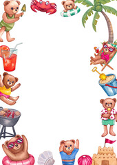 Hand-drawn Frame Bears Relaxing by the Ocean Waves in Paradise