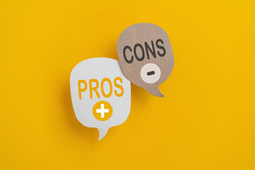Pros and Cons word on real white and brown speech bubble paper cut on yellow background