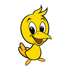 A cheerful yellow bird mascot logo with vibrant feathers, a friendly smile, and a playful pose, symbolizing energy, joy, and optimism for your brand or event.