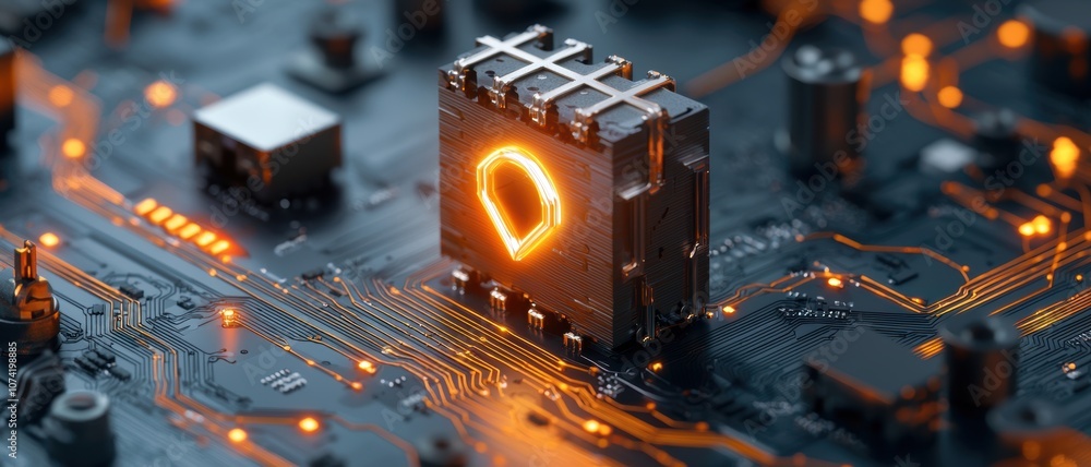 Poster a close-up of a glowing microchip on a circuit board, showcasing intricate details and vibrant color