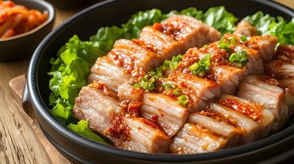 A dish of bossam, boiled pork belly slices served with kimchi and lettuce for wrapping.


