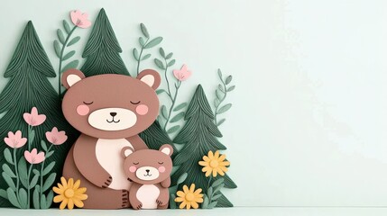 A mother bear lovingly embraces her cub surrounded by vibrant greenery and flowers in a serene forest setting