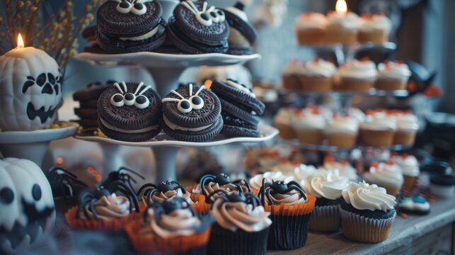 A table is filled with treats such as mummywrapped oreos monster eye cupcakes and spider web cookies.