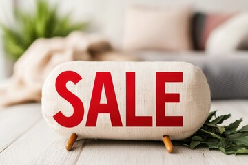 A decorative cushion with a bold "SALE" text, set in a cozy room environment, promoting discounts and inviting customers.