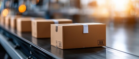 A row of cardboard boxes moving along a conveyor belt, suggesting an efficient packaging or shipping process in a logistics setting.