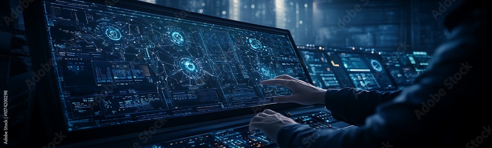 Leinwandbilder A futuristic interface displaying a starry cosmos, with a user interacting with high-tech controls in a dimly lit environment.