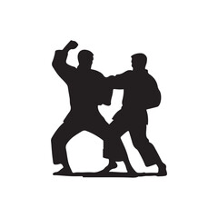 Silhouette of mix martial arts, Kungfu, boxing, karate, kick boxing, jujitsu, black silhouettes of people practicing judo. Shadows of the fighting men on a white background. Martial arts illustrations