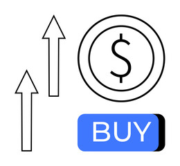 Dollar sign coin, upward pointing arrows, and blue BUY button symbolizing financial growth and investment. Ideal for finance, investment, stock market, trading, business growth, online shopping