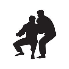 Silhouette of mix martial arts, Kungfu, boxing, karate, kick boxing, jujitsu, black silhouettes of people practicing judo. Shadows of the fighting men on a white background. Martial arts illustrations